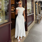 Elegant Polka-Dot Print Round-Neck Maxi Dress